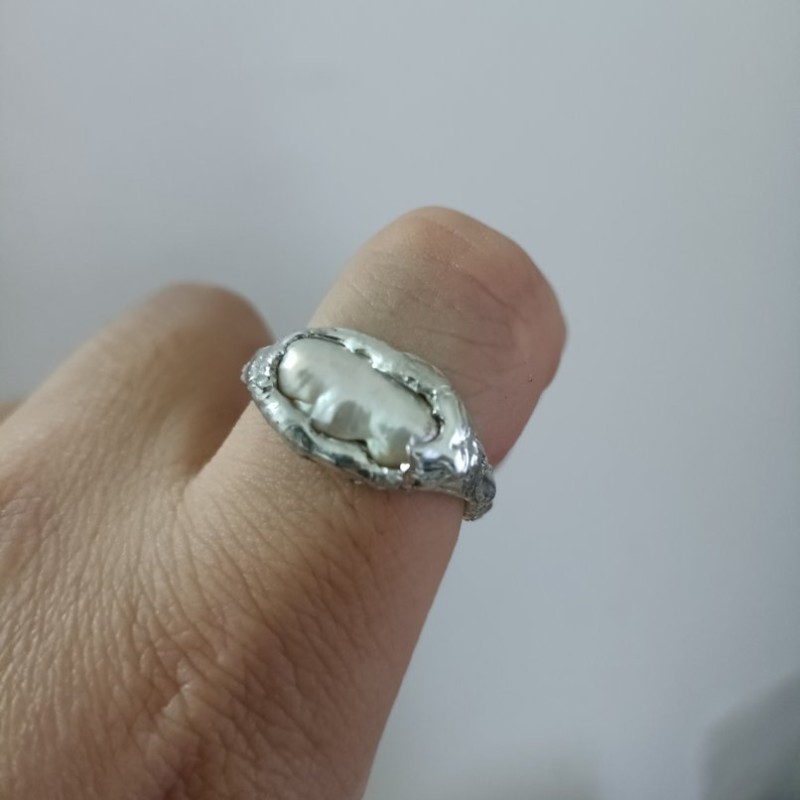 可调节手工焊锡淡水珍珠随形戒指